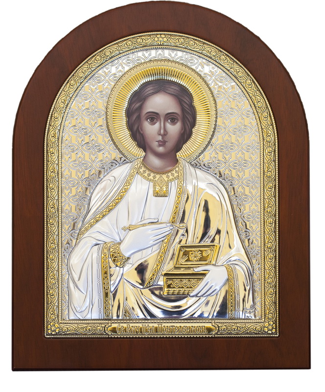 The Holy Great Martyr and Healer St. Panteleimon - Arch, Painted Print, Silver-Plating, Solid Wood, Uncovered, Gem-Encrusted 4.53x135mm