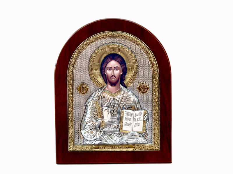 Jesus Christ Blessing - Arch, Painted Print, Silver-Plating, Solid Wood, Uncovered, Unencrusted 2.60x82mm