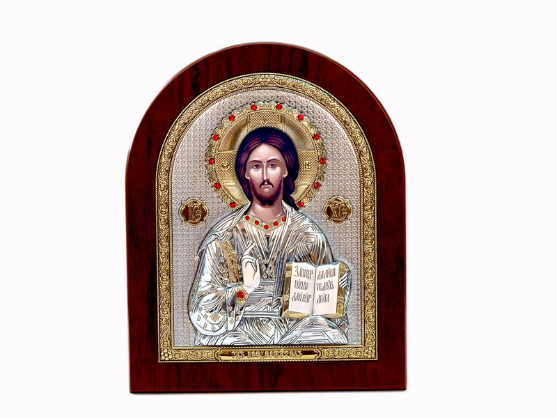 Jesus Christ Blessing - Arch, Painted Print, Silver-Plating, Solid Wood, Uncovered, Gem-Encrusted 5.71x176mm