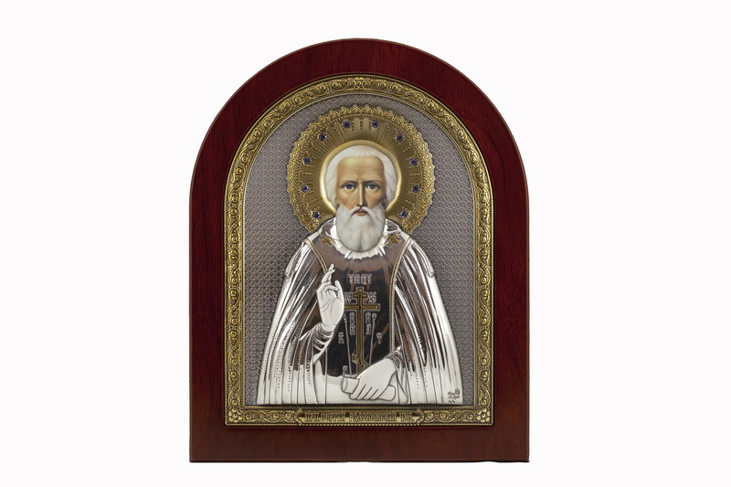 St. Sergius Of Radonezh - Arch, Painted Print, Silver-Plating, Solid Wood, Uncovered, Gem-Encrusted 7.64x242mm