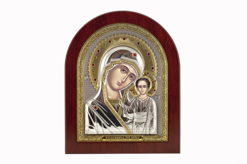 Virgin Mary Kazanskaya - Arch, Painted Print, Silver-Plating, Solid Wood, Uncovered, Gem-Encrusted 4.53x135mm