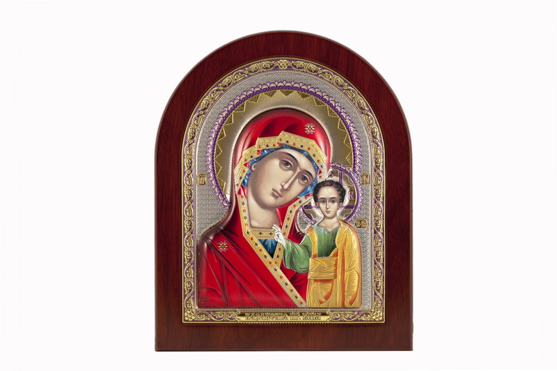 Virgin Mary Kazanskaya - Arch, Painted Silver-Plating, Solid Wood, Uncovered, Unencrusted 7.64x242mm