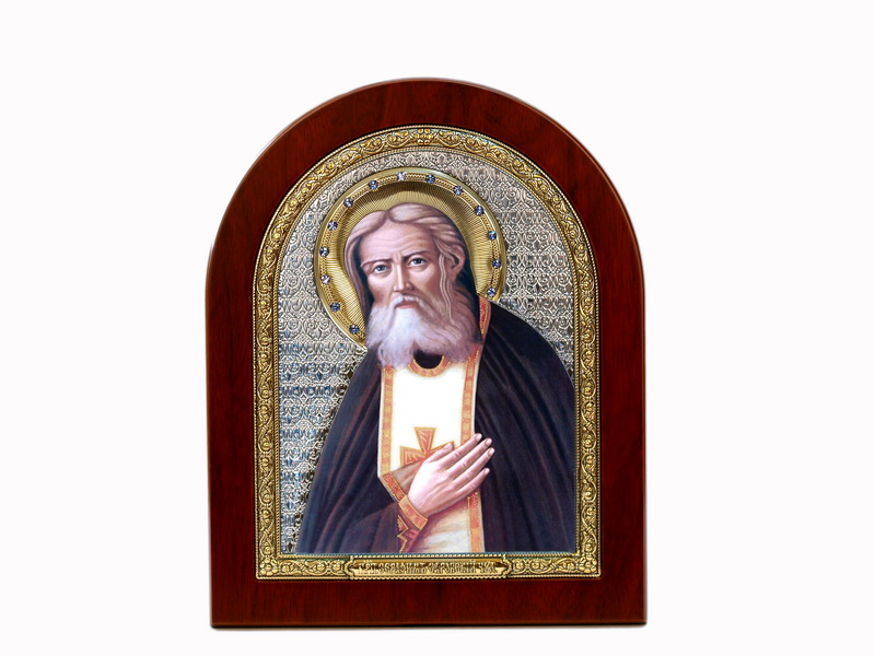 St. Seraphim Of Sarov - Arch, Painted Print, Solid Wood, Uncovered, Gem-Encrusted 7.64x242mm