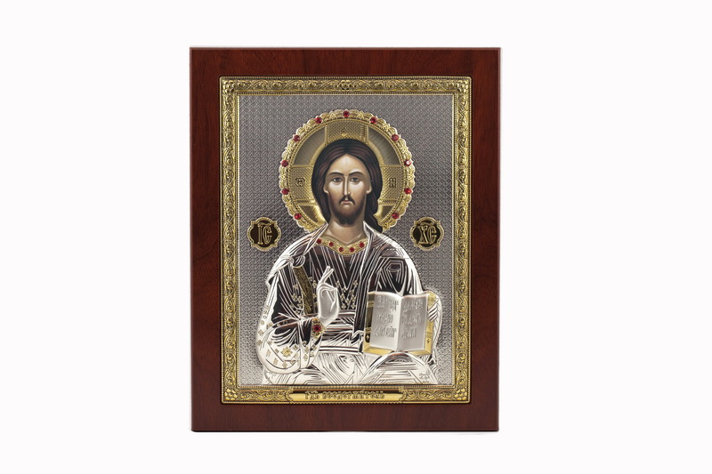 Jesus Christ Blessing - Rectangular, Painted Print, Silver-Plating, Solid Wood, Uncovered, Gem-Encrusted 5.71x176mm