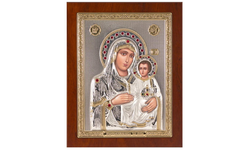 Theotokos the Jerusalemite - Rectangular, Painted Print, Silver-Plating, Solid Wood, Uncovered, Gem-Encrusted 7.64x242mm