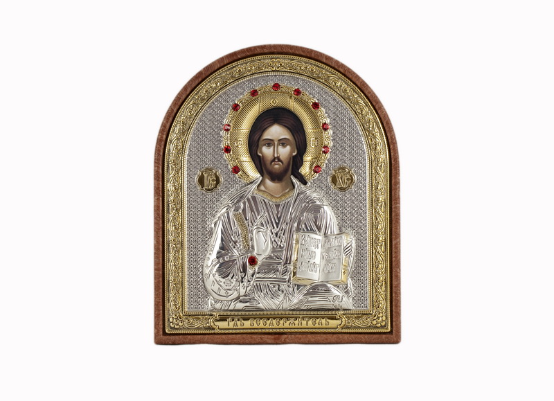 Jesus Christ Blessing - Arch, Painted Print, Silver-Plating, Textured Plastic, Uncovered, Gem-Encrusted 3.54x110mm