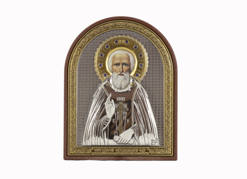 St. Sergius Of Radonezh - Arch, Painted Print, Silver-Plating, Textured Plastic, Uncovered, Gem-Encrusted 3.54x110mm