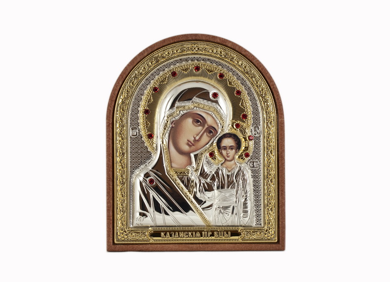 Virgin Mary Kazanskaya - Arch, Painted Print, Silver-Plating, Textured Plastic, Uncovered, Gem-Encrusted 3.54x110mm