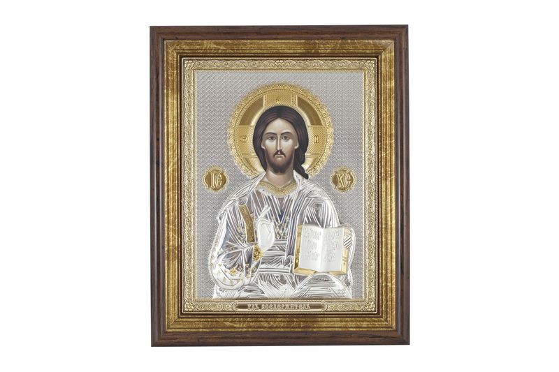 Jesus Christ Blessing - Rectangular, Painted Print, Silver-Plating, Solid Wood, Under Glass, Unencrusted 6.10x186mm