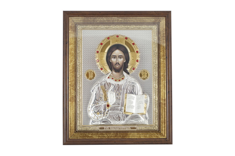 Jesus Christ Blessing - Rectangular, Painted Print, Silver-Plating, Solid Wood, Under Glass, Gem-Encrusted 7.87x248mm