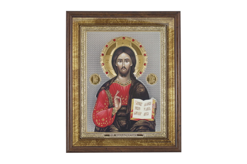 Jesus Christ Blessing - Rectangular, Painted Print, Solid Wood, Under Glass, Gem-Encrusted 7.87x248mm