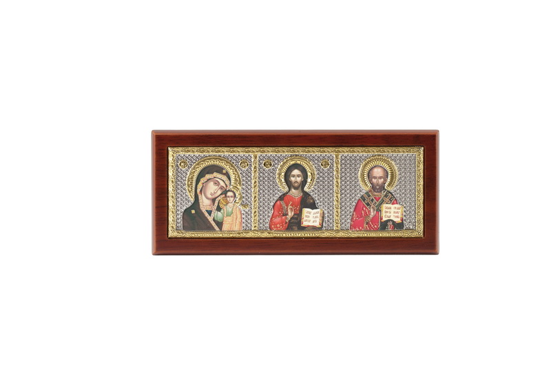 Virgin Mary, Jesus Christ, St. Nicholas - Rectangular, Painted Print, Silver-Plating, Solid Wood, Uncovered, Unencrusted 4.45x49mm