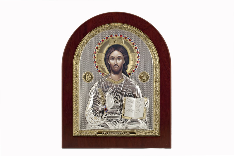 Jesus Christ Blessing - Arch, Painted Print, Silver-Plating, Solid Wood, Uncovered, Gem-Encrusted 7.64x242mm