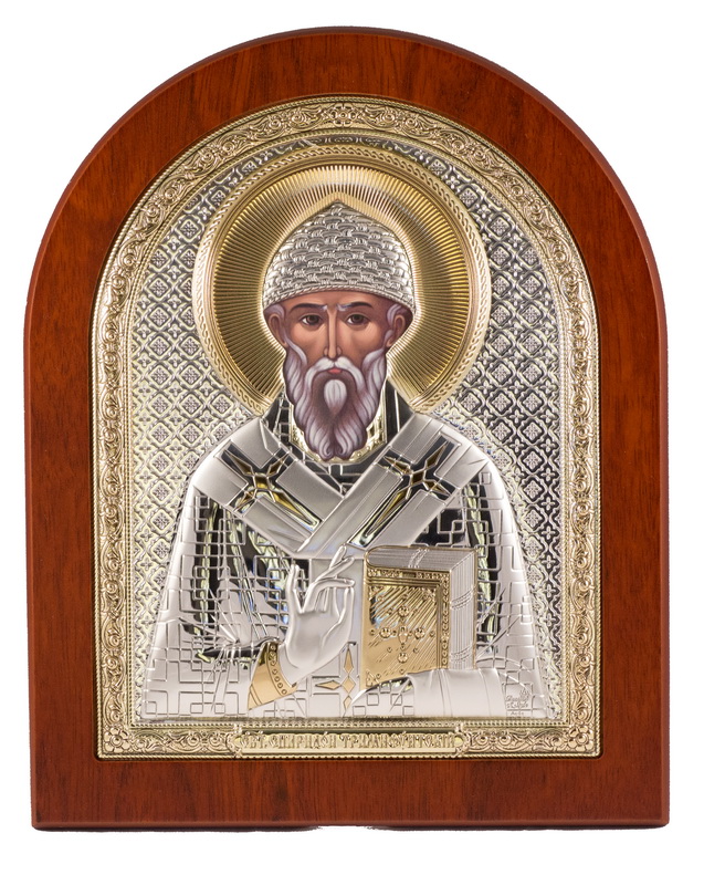St. Spyridon of Tremithus - Arch, Painted Print, Silver-Plating, Solid Wood, Uncovered, Gem-Encrusted 4.53x135mm