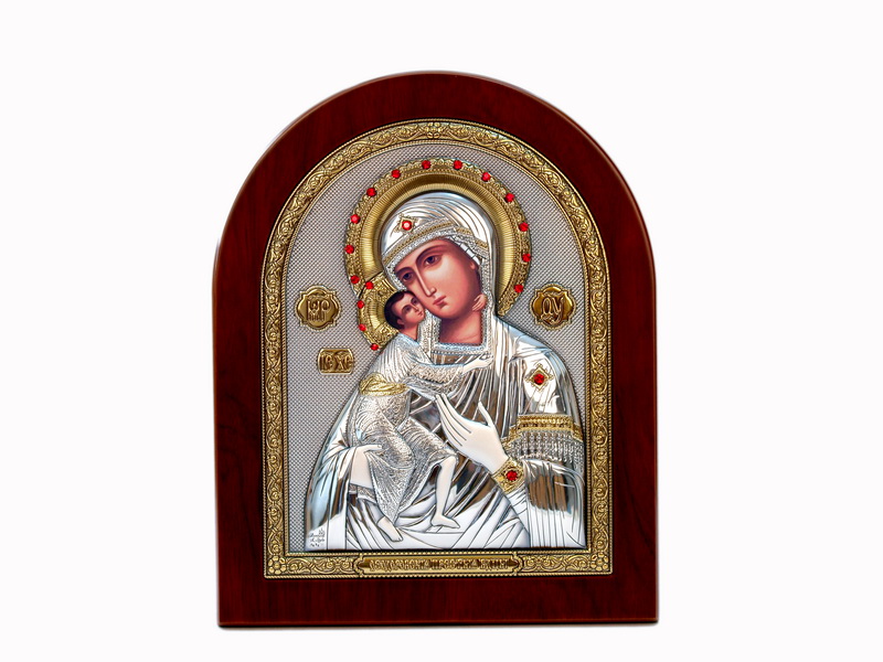 Virgin Mary Fedorovskaya - Arch, Painted Print, Silver-Plating, Solid Wood, Uncovered, Gem-Encrusted 4.53x135mm