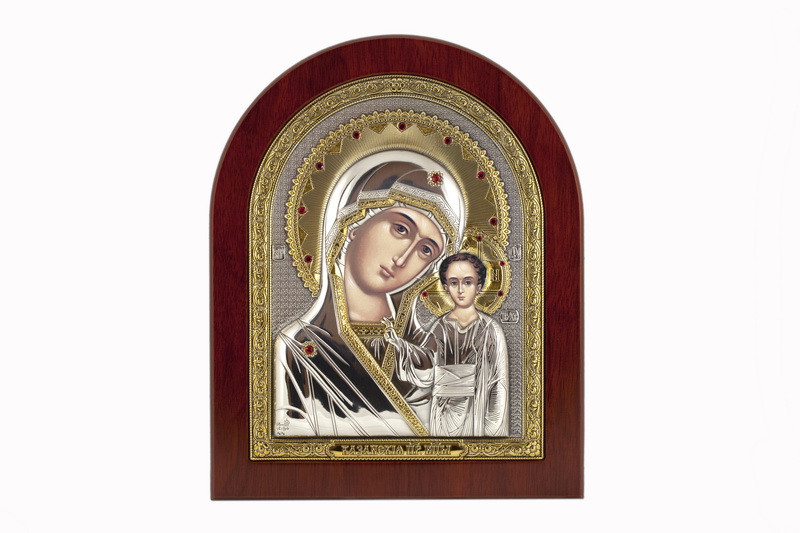 Virgin Mary Kazanskaya - Arch, Painted Print, Silver-Plating, Solid Wood, Uncovered, Gem-Encrusted 7.64x242mm