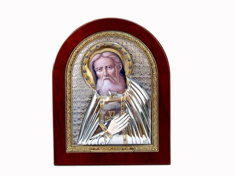 St. Seraphim Of Sarov - Arch, Painted Print, Silver-Plating, Solid Wood, Uncovered, Gem-Encrusted 3.46x104mm