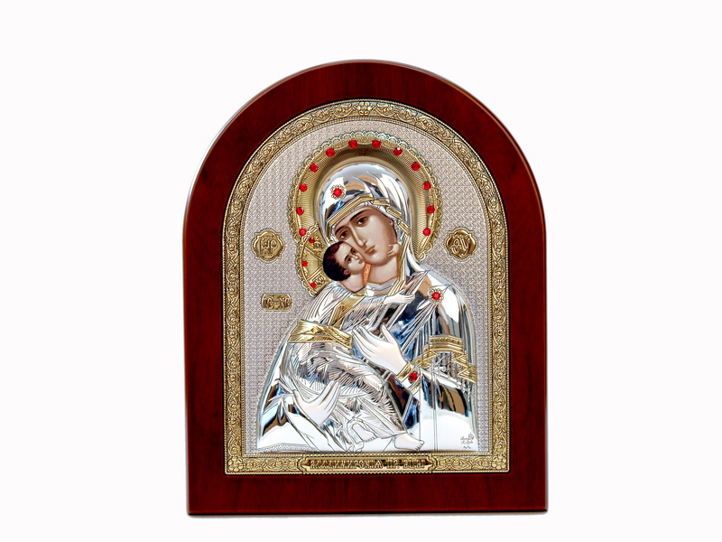 Virgin Mary Vladimirskaya - Arch, Painted Print, Silver-Plating, Solid Wood, Uncovered, Gem-Encrusted 7.64x242mm