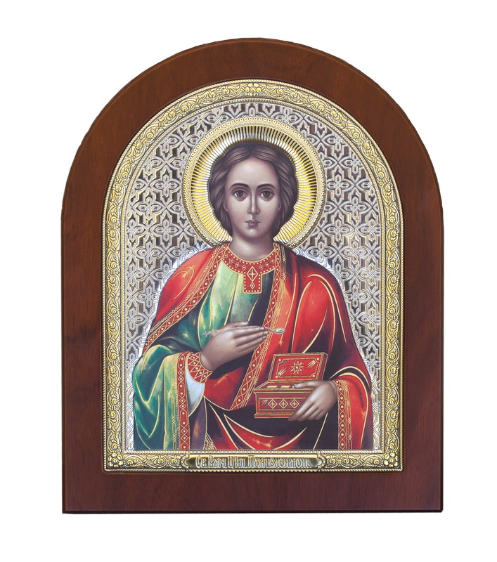 The Holy Great Martyr and Healer St. Panteleimon - Arch, Painted Print, Solid Wood, Uncovered, Gem-Encrusted 4.53x135mm