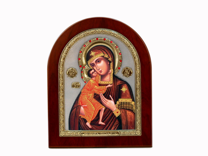 Virgin Mary Fedorovskaya - Arch, Painted Print, Solid Wood, Uncovered, Gem-Encrusted 7.64x242mm