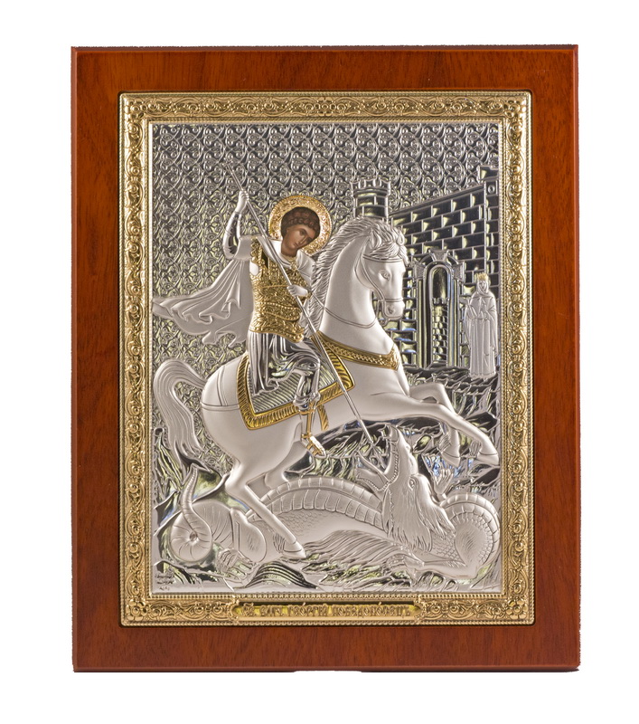 St. George the Victorious - Rectangular, Painted Print, Silver-Plating, Solid Wood, Uncovered, Unencrusted 5.71x176mm