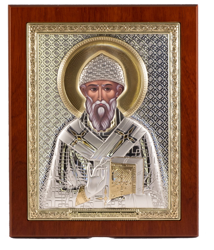 St. Spyridon of Tremithus - Rectangular, Painted Print, Silver-Plating, Solid Wood, Uncovered, Gem-Encrusted 5.71x176mm