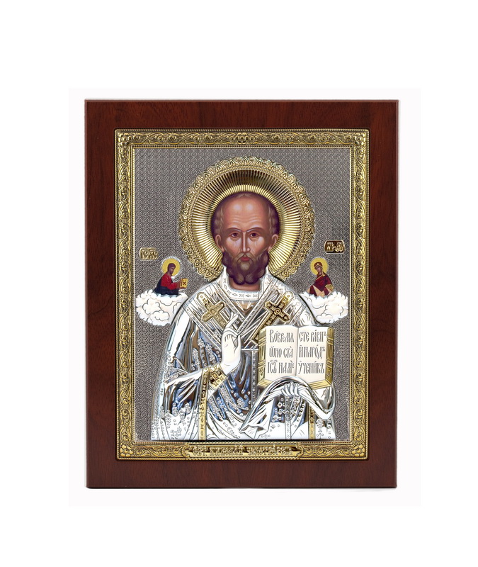 St. Nicholas - Rectangular, Painted Print, Silver-Plating, Solid Wood, Uncovered, Gem-Encrusted 7.64x242mm
