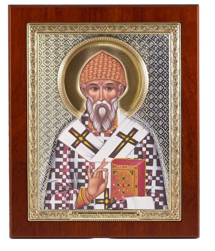 St. Spyridon of Tremithus - Rectangular, Painted Print, Solid Wood, Uncovered, Gem-Encrusted 7.64x242mm