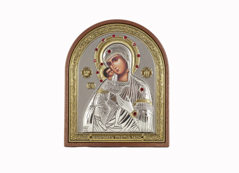 Virgin Mary Fedorovskaya - Arch, Painted Print, Silver-Plating, Textured Plastic, Uncovered, Gem-Encrusted 4.57x147mm