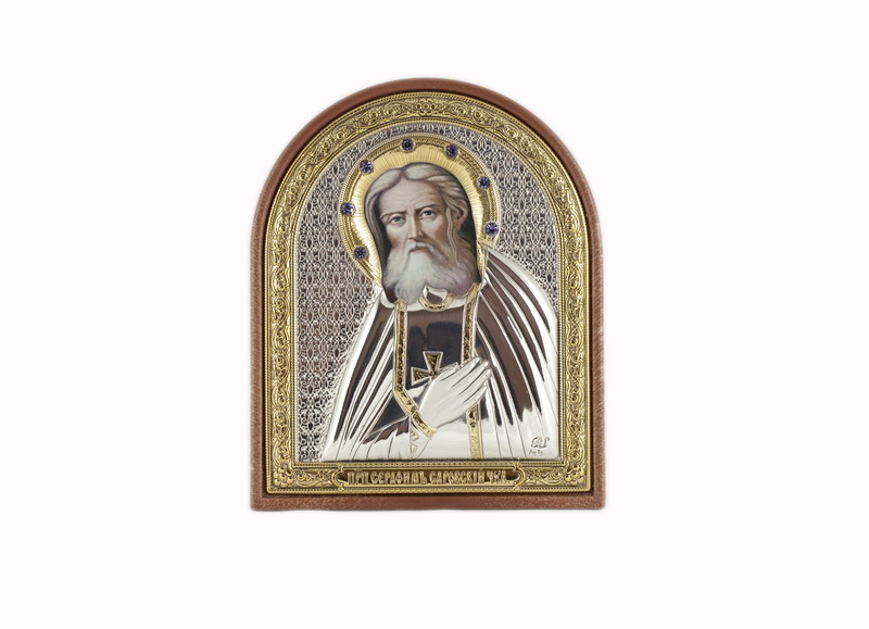 St. Seraphim Of Sarov - Arch, Painted Print, Silver-Plating, Textured Plastic, Uncovered, Gem-Encrusted 3.54x110mm