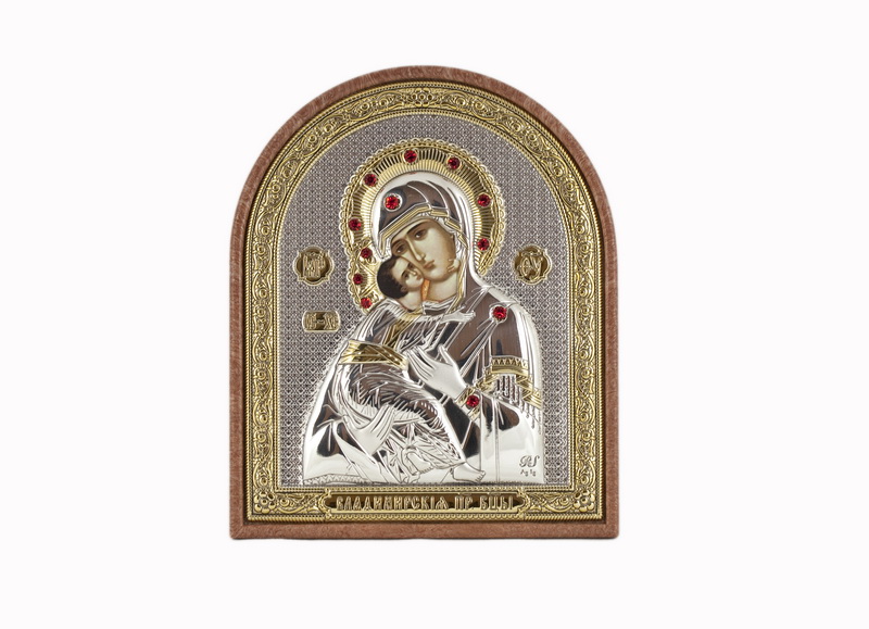 Virgin Mary Vladimirskaya - Arch, Painted Print, Silver-Plating, Textured Plastic, Uncovered, Gem-Encrusted 2.56x80mm