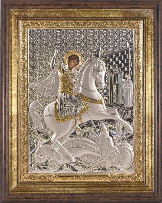 St. George the Victorious - Arch, Painted Print, Silver-Plating, Solid Wood, Under Glass, Gem-Encrusted 7.87x248mm