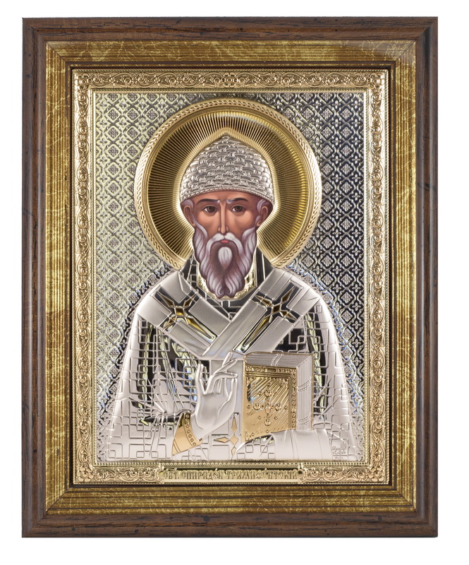 St. Spyridon of Tremithus - Arch, Painted Print, Silver-Plating, Solid Wood, Under Glass, Gem-Encrusted 7.87x248mm