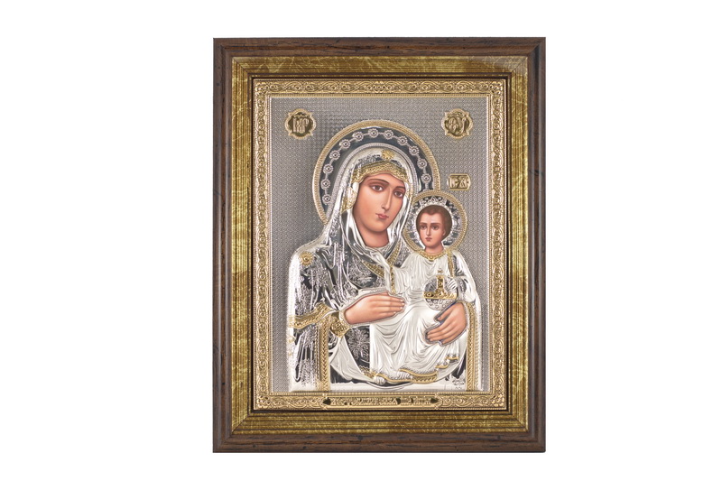 Theotokos the Jerusalemite - Rectangular, Painted Print, Silver-Plating, Solid Wood, Under Glass, Gem-Encrusted 7.87x248mm