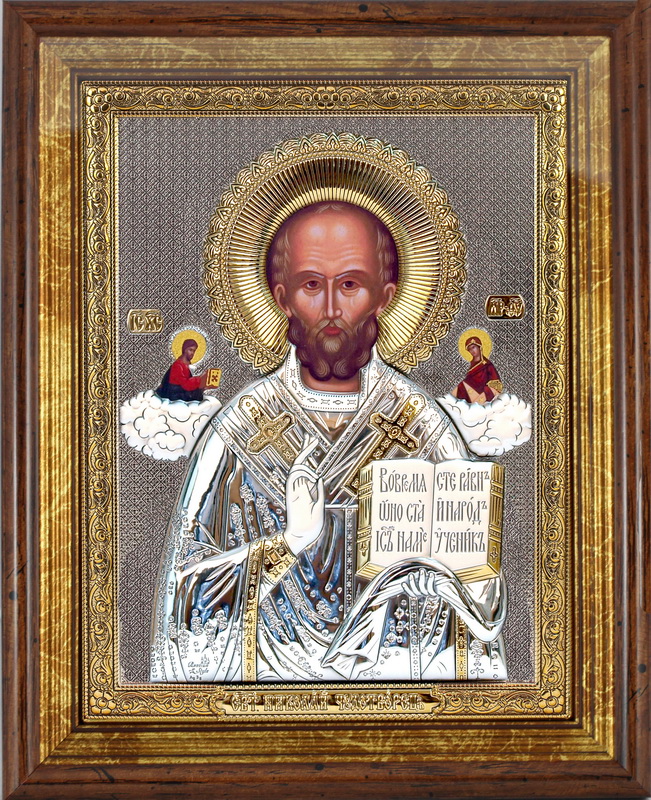 St. Nicholas - Rectangular, Painted Print, Silver-Plating, Solid Wood, Under Glass, Gem-Encrusted 7.87x248mm