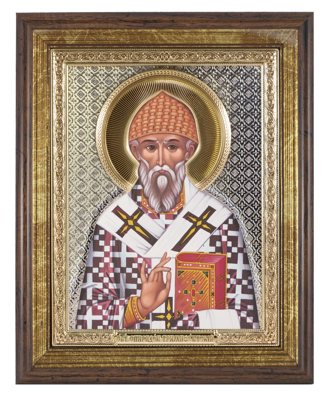 St. Spyridon of Tremithus - Arch, Painted Print, Solid Wood, Under Glass, Gem-Encrusted 6.10x186mm